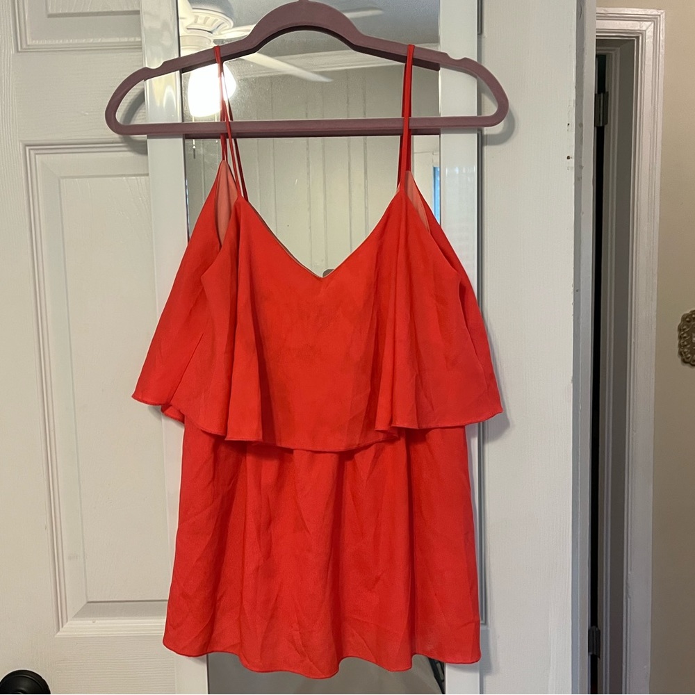 Watermelon colored 2 layer tank top with spaghetti straps